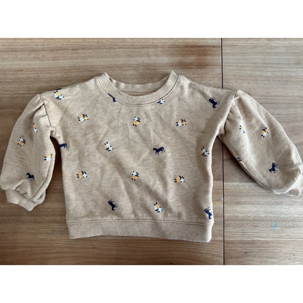 Janie and Jack Toddler Girls Tan Embroidered Horse Floral Sweatshirt 18-24M